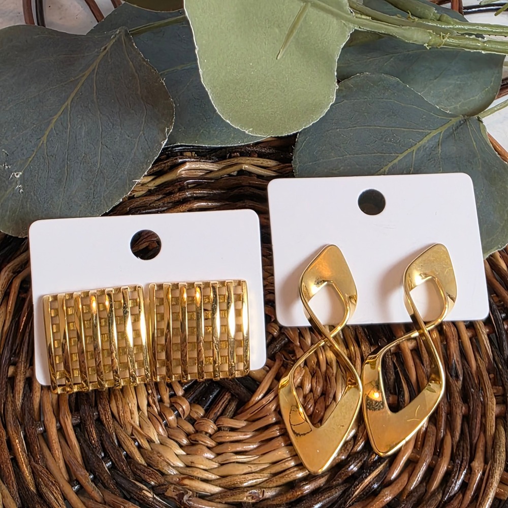 Vintage Gold Tone‎ Geometric Earring Set Rectangular Grid & Twisted Infinity